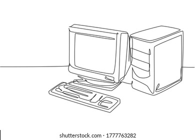 Dibujo de línea continua de la antigua unidad de procesador de computadora personal clásico retro. Vintage cpu con monitor analógico y concepto de elemento de teclado diseño de una línea gráfico vectorial