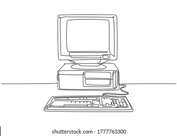 Single continuous line drawing of retro old classic personal computer processor unit. Vintage cpu with analog monitor and keyboard item concept one line draw graphic design vector illustration
