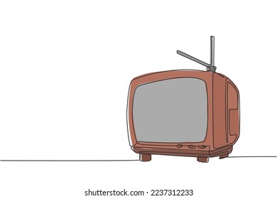 Dibujo de línea continua de tv retro de estilo antiguo con antena interna. Concepto clásico vintage de televisión analógica de una línea dibujo gráfico ilustración vectorial