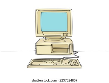 Einzelne kontinuierliche Zeichnung der alten klassischen PC-Prozessoreinheit im Retro-Look. Vintage cpu mit analogem Monitor und Keyboard-Item-Konzept, eine Linie zeichnen Grafikdesign, Vektorgrafik