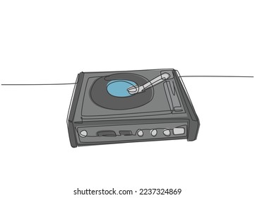 Single continuous line drawing of retro old classic portable music turntable vinyl disc jockey. Vintage analog audio player item concept one line draw design vector illustration graphic