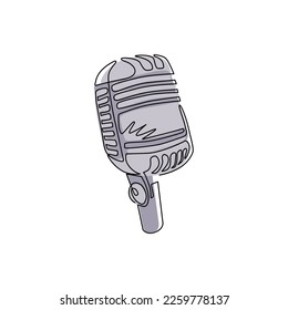 Single continuous line drawing retro vintage microphone vector on white background. Mic silhouette. Music, voice, record icon logo. Recording studio symbol. One line draw design vector illustration