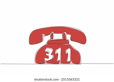 Single continuous line drawing retro telephone with the number 311 in the middle. A non-emergency helpline in various places throughout North America. 311 Day. One line design vector illustration