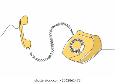 Single continuous line drawing retro telephone with a raised telephone receiver. A visualization depicting how loud it is when it rings. National Telephone Day. One line design vector illustration