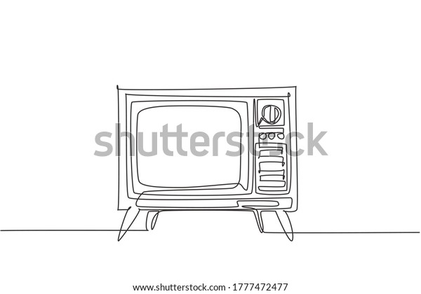 レトロな古いテレビの連続線画 木のケースと脚 古いビンテージアナログテレビのコンセプト1行描画グラフィックデザインベクターイラスト のベクター画像素材 ロイヤリティフリー