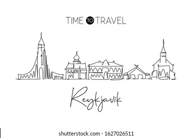 Single continuous line drawing of Reykjavik city skyline, Iceland. Famous city scraper landscape World travel concept home wall decor art poster print. Modern one line draw design vector illustration