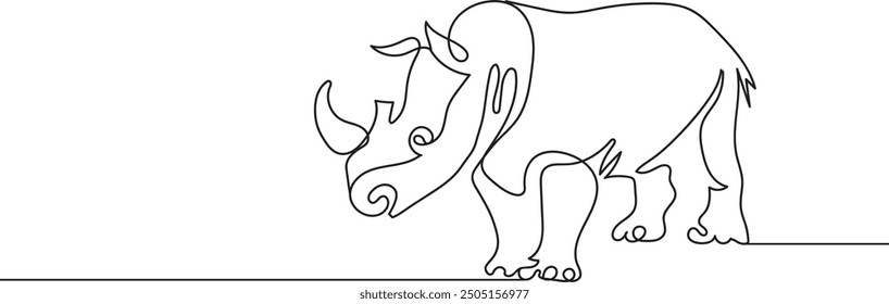 Single continuous line drawing Rhino standing with a beautiful horn