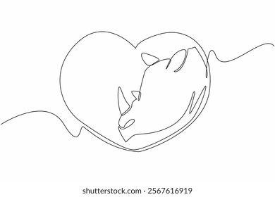 Single continuous line drawing rhino head comes out of heart shape. A symbol. Preserve rhino from extinction. Avoid illegal hunting. Endangered. Save the Rhino Day. One line design vector illustration