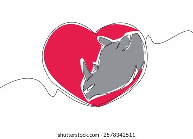 Single continuous line drawing rhino head comes out of heart shape. A symbol. Preserve rhino from extinction. Avoid illegal hunting. Endangered. Save the Rhino Day. One line design vector illustration