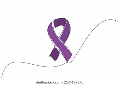 Single continuous line drawing a ribbon forms the cancer campaign symbol in purple. Symbol. Sign. Commemorating and inviting people to care more. World Cancer Day. One line design vector illustration