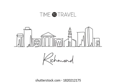 Single continuous line drawing of Richmond city skyline, Virginia. Famous city scraper landscape. World travel home wall decor art poster print concept. Modern one line draw design vector illustration