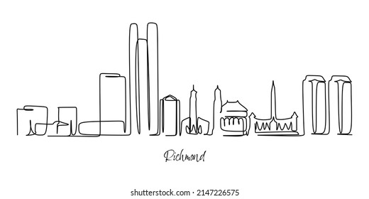 Single continuous line drawing of Richmond city skyline, Virginia. Famous city scraper landscape. World travel home wall decoration art poster print concept. Modern line design vector illustration