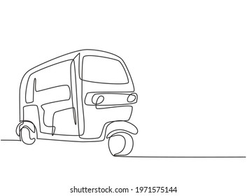 Single continuous line drawing rickshaw traditional transportation in India which serves local passengers and foreign tourists who are on vacation. One line draw graphic design vector illustration.