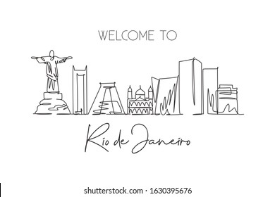 Single continuous line drawing of Rio de Janeiro city skyline, Brazil. Famous city scraper and landscape. World travel postcard concept. Editable stroke modern one line draw design vector illustration