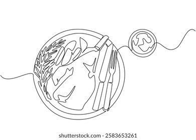 Single continuous line drawing roast leg lamb on round wooden chopping board. Restaurant dishes ready to be served to consumers. Tasty. National Roast Leg of Lamb. One line design vector illustration