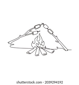 Single continuous line drawing roasting marshmallow on bonfire at night. Campfire and stick branches with roasted marshmallows. Fun summer camping activity. One line draw design vector illustration