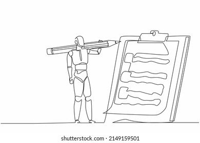 Single continuous line drawing robot carrying big pencil and looking clipboard. Future technology development. Artificial intelligence and machine learning process. One line draw graphic design vector