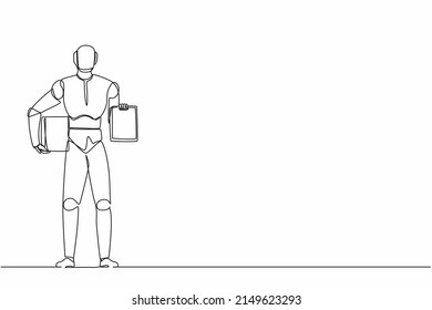 Single continuous line drawing robot holding boxes and clipboard with documents. Modern robotics artificial intelligence technology. Electronic technology industry. One line draw graphic design vector