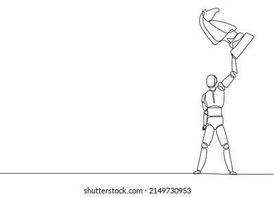Single continuous line drawing robot lifting up knight chess piece. Modern robotics artificial intelligence technology. Electronic technology industry. One line draw graphic design vector illustration