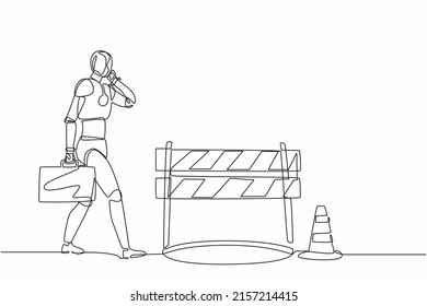 Single continuous line drawing robot talking on cell phone, he does not see hole in front. Robotic artificial intelligence technology. Electronic technology. One line draw design vector illustration