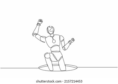 Single continuous line drawing robot fell into manhole underground sewer. Robotics artificial intelligence technology. Electronic technology industry. One line draw graphic design vector illustration