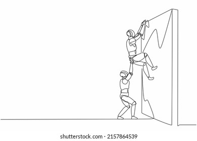 Single continuous line drawing robot helping another robot climb wall. Modern robotic artificial intelligence technology. Electronic technology industry. One line graphic design vector illustration