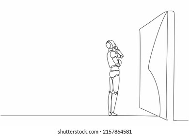 Single continuous line drawing robot thinking in front of big obstacle or wall. Modern robotic artificial intelligence. Electronic technology industry. One line draw graphic design vector illustration