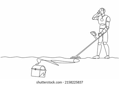 Single continuous line drawing robot with metal detector looking for chest treasure. Robotic artificial intelligence. Electronic technology industry. One line draw graphic design vector illustration