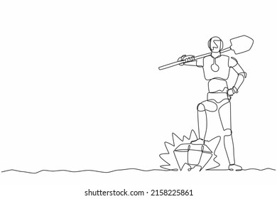 Single continuous line drawing robot digging ground with shovel finding big diamond. Robotic artificial intelligence. Electronic technology industry. One line draw graphic design vector illustration