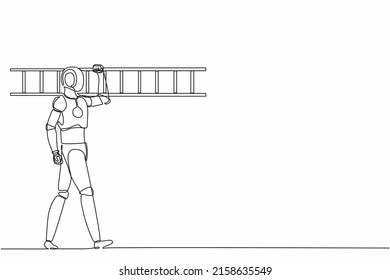 Single continuous line drawing robot repairman walking with ladder. Renovation home. Robotic artificial intelligence. Electronic technology industry. One line draw graphic design vector illustration