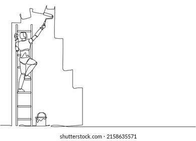 Single continuous line drawing robot painter standing on staircase paints wall with paint roller. Robotic artificial intelligence. Electronic technology. One line graphic design vector illustration