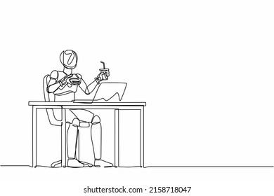 Single continuous line drawing robot eating burger fast food unhealthy lifestyle. Modern robotic artificial intelligence. Electronic technology industry. One line graphic design vector illustration