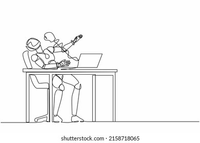 Single continuous line drawing robot being punched by boxing gloves from computer laptop. Cyber bullying. Robotic artificial intelligence. Electronic technology. One line design vector illustration