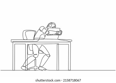 Single continuous line drawing robot sitting and hugging laptop at office. Modern robotic artificial intelligence. Electronic technology industry-. Dynamic one line graphic design vector illustration