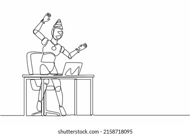 Single continuous line drawing robot stands in office with hand raised, computer celebrating success. Robotic artificial intelligence. Electronic technology. One line draw design vector illustration