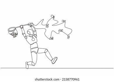 Single continuous line drawing robot trying to catch flying money with butterfly net. Robotic artificial intelligence. Electronic technology industry. One line draw graphic design vector illustration