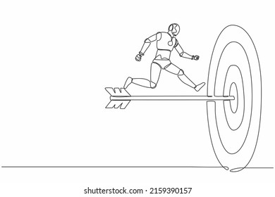Single continuous line drawing robot run to bullseye with dart. Reach target success. Robotic artificial intelligence. Electronic technology industry. One line draw graphic design vector illustration