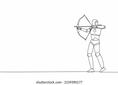 Single continuous line drawing robot trying to shoot target with blindfold. Modern robotic artificial intelligence. Electronic technology industry. One line draw graphic design vector illustration