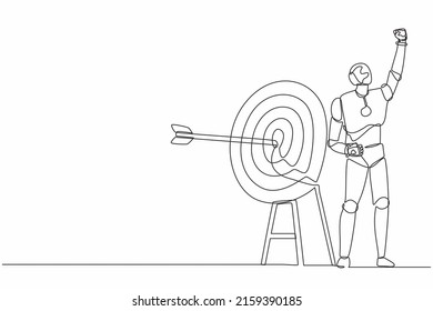 Single continuous line drawing robot raised hand with fist gesture, arrow exact into target. Robotic artificial intelligence. Electronic technology industry. One line draw design vector illustration
