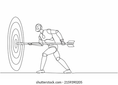 Single continuous line drawing robot hold arrow in hand to target, achievement goal. Robotic artificial intelligence. Electronic technology industry. One line draw graphic design vector illustration