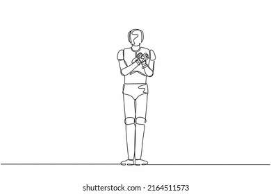 Single continuous line drawing robot keeping hands on chest. Robot suffering from chest pain or heart attack. Robotic artificial intelligence. Dynamic one line draw graphic design vector illustration