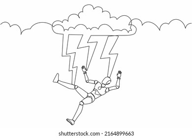 Single continuous line drawing robot struck by lightning or thunder from dark cloud. Robotic artificial intelligence. Electronic technology industry. One line draw graphic design vector illustration