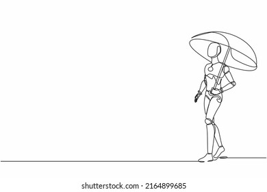 Single continuous line drawing robot with umbrella walking alone. Depression, passerby at hot weather. Robotic artificial intelligence. Electronic technology. One line draw design vector illustration
