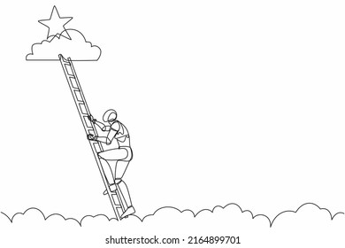 Single continuous line drawing robot climbing ladder to reach out for stars. Modern robotic artificial intelligence. Electronic technology industry. One line draw graphic design vector illustration