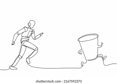 Single continuous line drawing robot run chasing paper cup. Recycling waste treatment plant. Modern robotic artificial intelligence. Electronic technology industry. One line draw graphic design vector