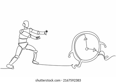 Single continuous line drawing robot chase clock time. Time management in processing factory. Robotic artificial intelligence. Electronic technology industry. One line draw design vector illustration