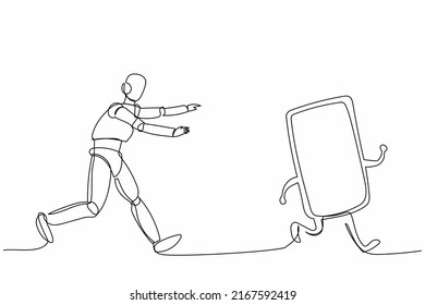 Single continuous line drawing robot run chasing smartphone. Communication revolution. Robotic artificial intelligence. Electronic technology industry one line draw graphic design vector illustration