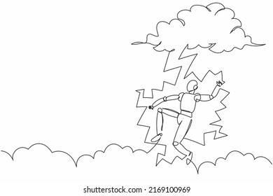 Single continuous line drawing robot struck by lightning from dark cloud. Bad luck, misery, disaster. Robotic artificial intelligence. Technology industry. One line graphic design vector illustration