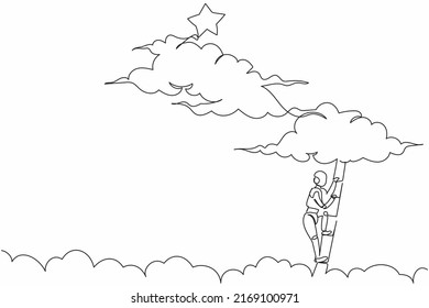 Single continuous line drawing robot climbing ladder to reach out for stars. Motivation to be success. Robotic artificial intelligence. Electronic technology. One line draw design vector illustration