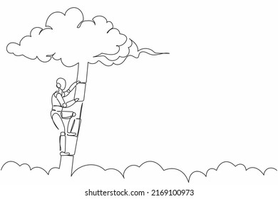 Single continuous line drawing robot climbing up ladder to cloud. Career path growth. Modern robotic artificial intelligence. Electronic technology industry. One line draw design vector illustration